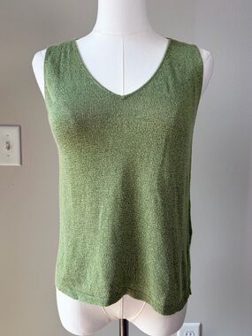 Eileen Fisher Green Linen Blend Knit V-Neck Sleeveless Top Layering Vacation